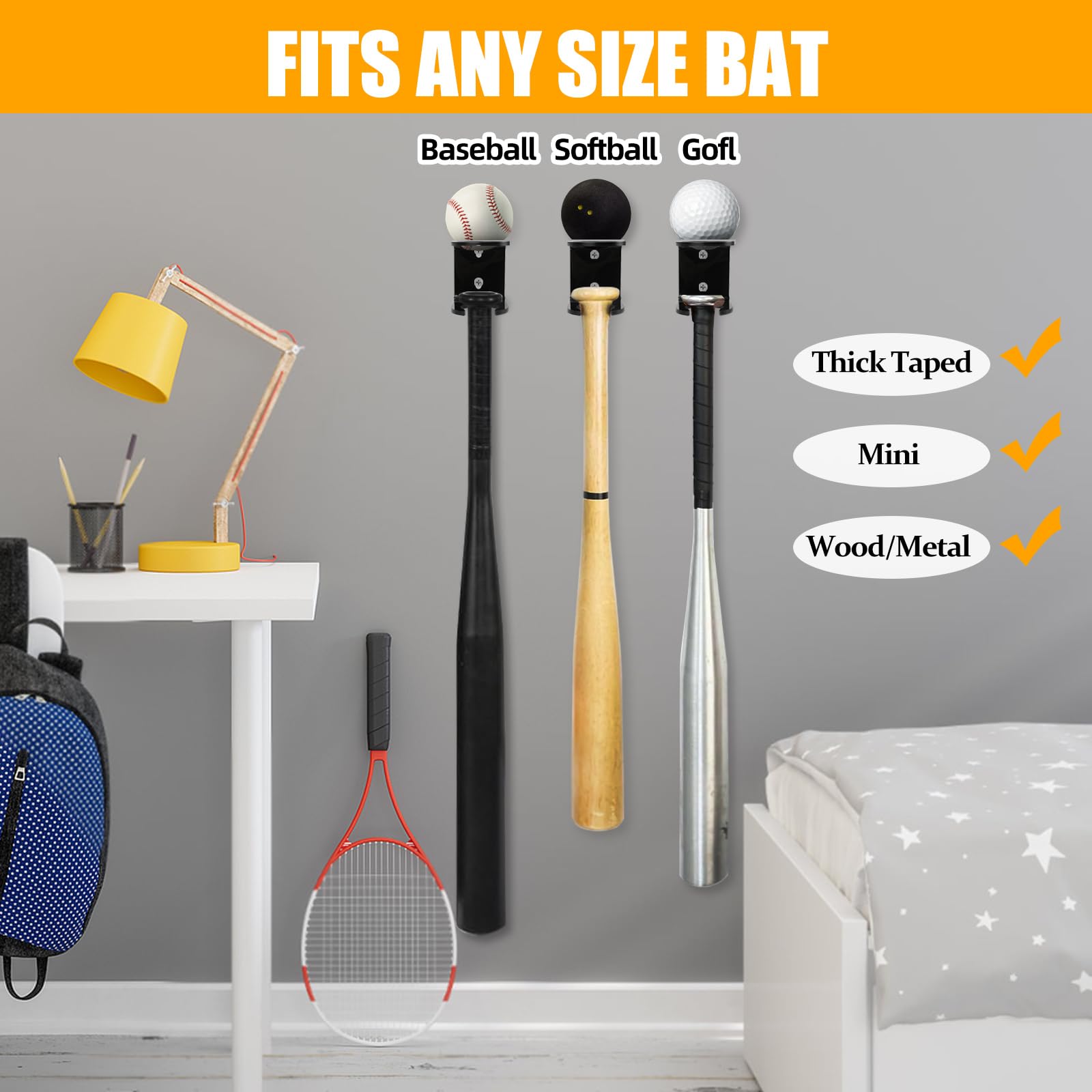 Lot de 4 supports muraux pour batte de baseball, présentoir pour batte de baseball, rangement mural pour batte de baseball