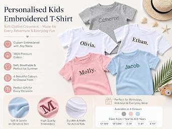 DreamBuy Personalised or Plain Kids & Baby T-Shirt – 100% Premium Cotton – Custom Embroidered Name or Text – Soft & Breathable for Boys & Girls