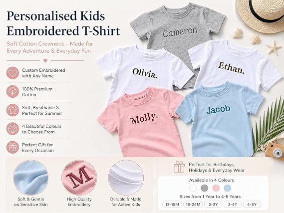 DreamBuy Personalised or Plain Kids & Baby T-Shirt – 100% Premium Cotton – Custom Embroidered Name or Text – Soft & Breathable for Boys & Girls