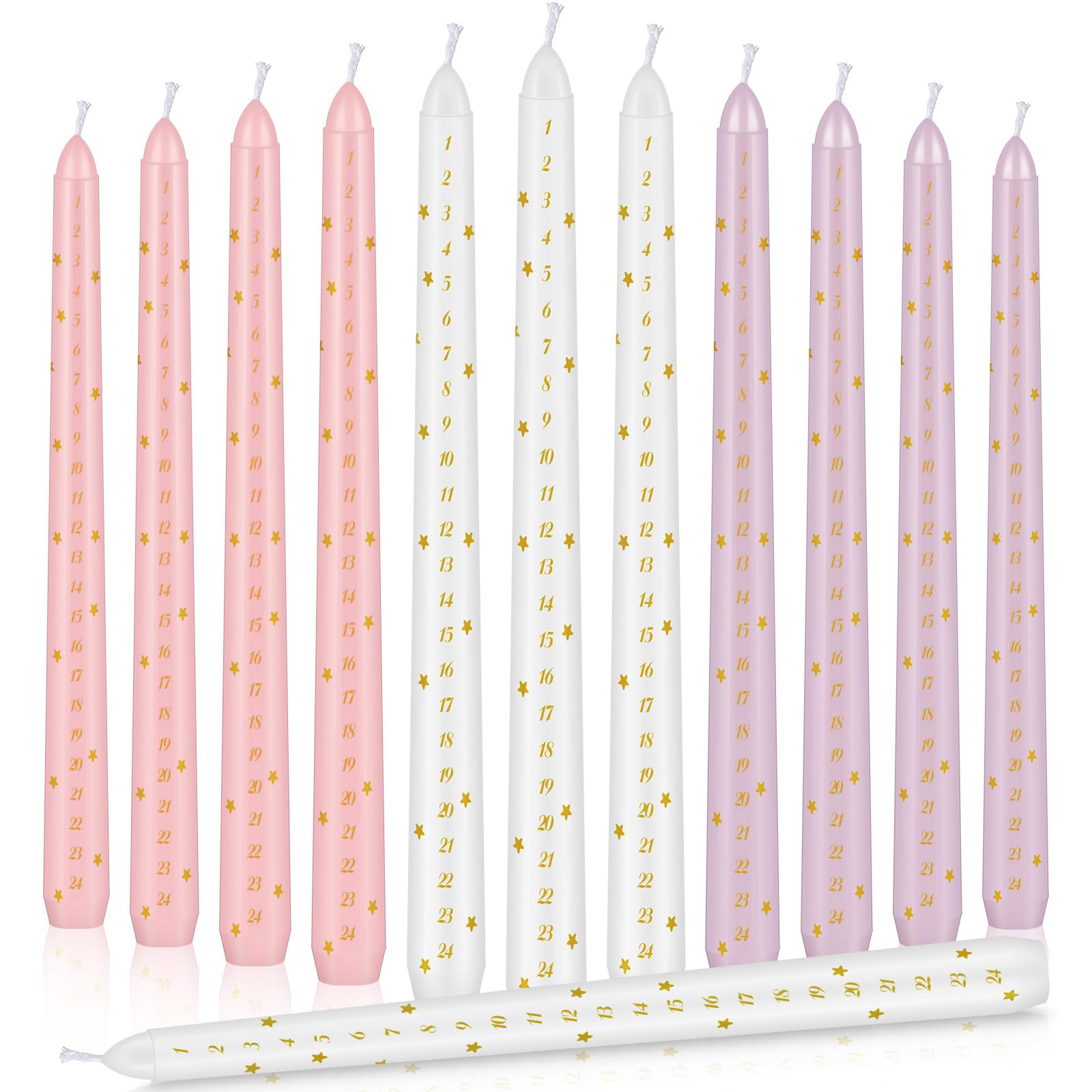 Threlaco 12 Pcs Christmas Advent Countdown Taper Candles 10 Inch Tall Unscented Candle Sticks White Pink Purple Candle Set Xmas Gifts Holiday Decor for Dinner Party, New Year, Anniversary