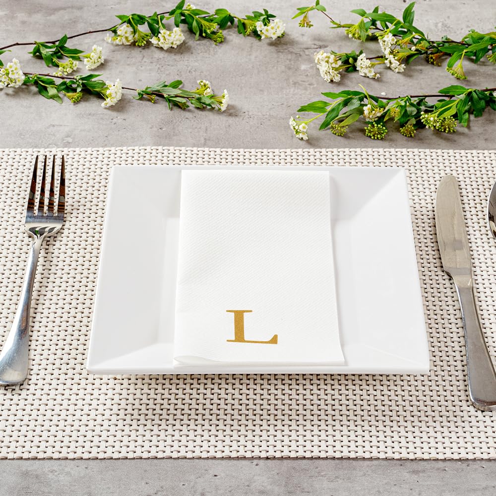 Luxenap - Toallas de invitados de 15.8 x 7.9 pulgadas, 50 toallas de mano con letras doradas, letra "L", letra Sans Serif, servilletas de papel blanco, airlaid, para baños y mesas