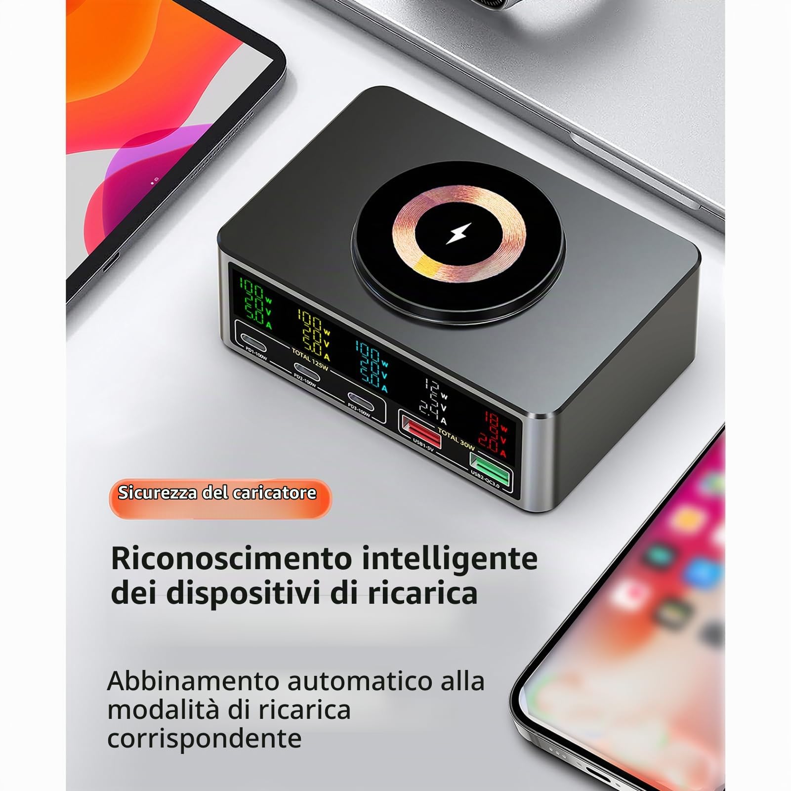Docooler Power Fast Charging Hub 140 W Stazione di ricarica USB Multiporta Desktop Multiport Ricarica USB 15 W Magnetico Wireless Display in tempo reale per cellulare Laptop
