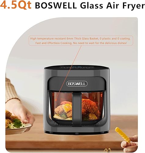 Miniatura 3 de BOSWELL Freidora de aire de vidrio de 4.5 QT, Freidora de aire de 6 EN 1 no tóxica, control de temperatura, panel inteligente de 5 menús