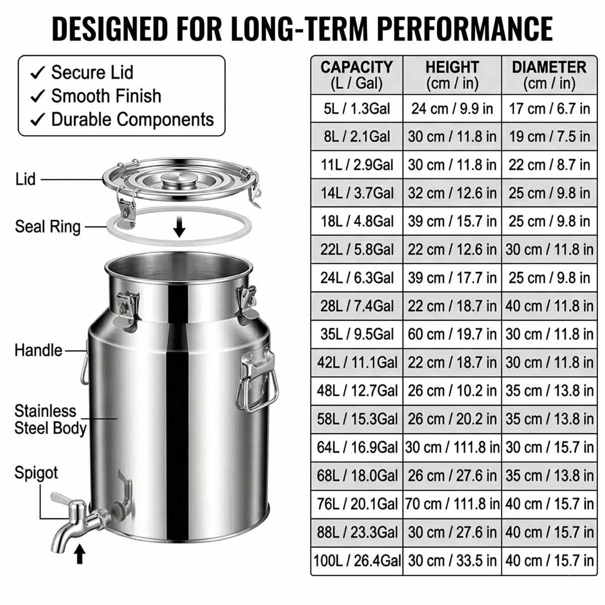 Bidon INOX Avec Robinet,Pot À Lait En Acier Inoxydable 5/8/11/28 /88/100L | Couvercle Hermétique Pour Stockage Huile D'Olive Et Eau, Seau Alimentaire Cuisine(With faucet,28L)