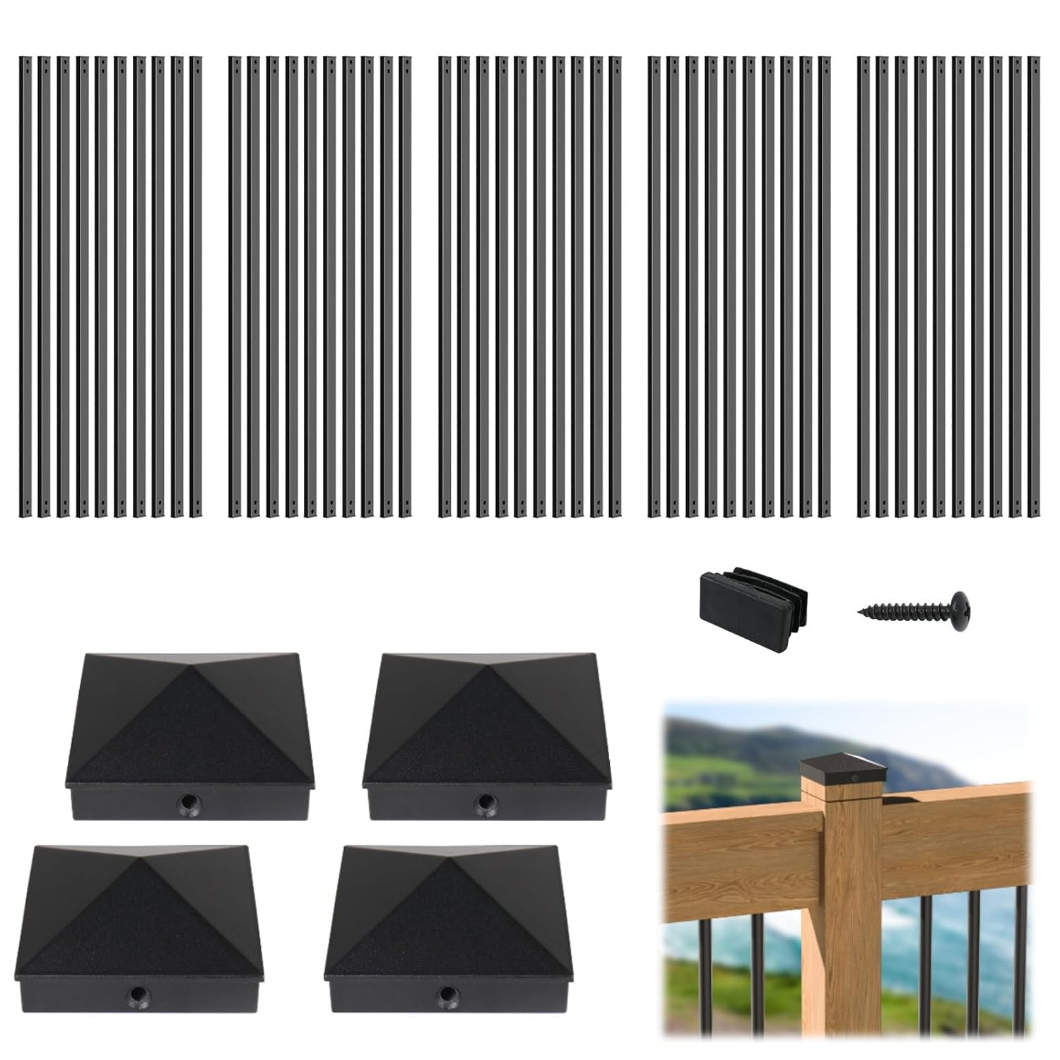 Muzata 4Pack 4x4 Aluminum Post Caps WT06 Bundle with 50Pack 38'' Aluminum Deck Balusters Rectangular Deck Railing Metal Spindles with Screws WT35