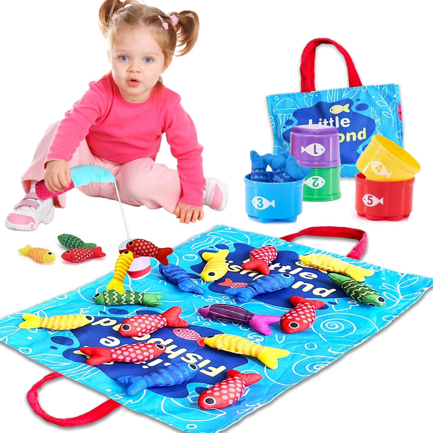 Montessori Toys for 1 Year Old, 22PCS Cloth Fishing Game with Stacking Cups Sensory Baby Toys 6-12 Months,Toddler Education Learning Toys for 1 2 Year Old Boy Girl Gifts (Sea Animals)