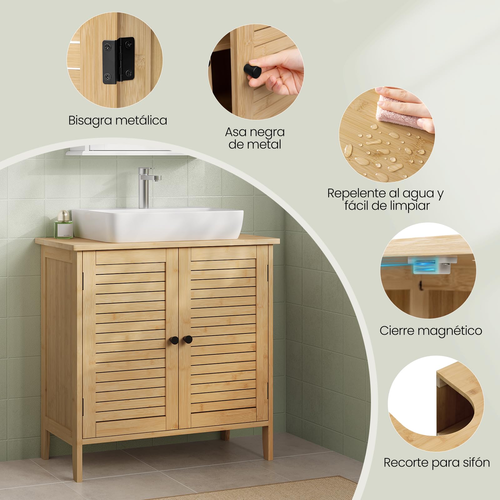 EUGAD Armario Baño Bambú, Mueble Bajo Lavbabo con Recorte Sifón de 20x23 cm, Armario de Pie con Puertas de Rejilla y Estante Ajustable, 60x30x60 cm
