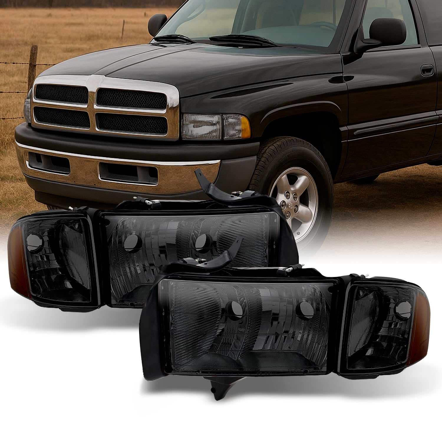 AKKON - For Dodge Ram 1500 2500 3500 Pickup Truck Sport Package Smoke Headlights Head Lamps Replacement Pair Set