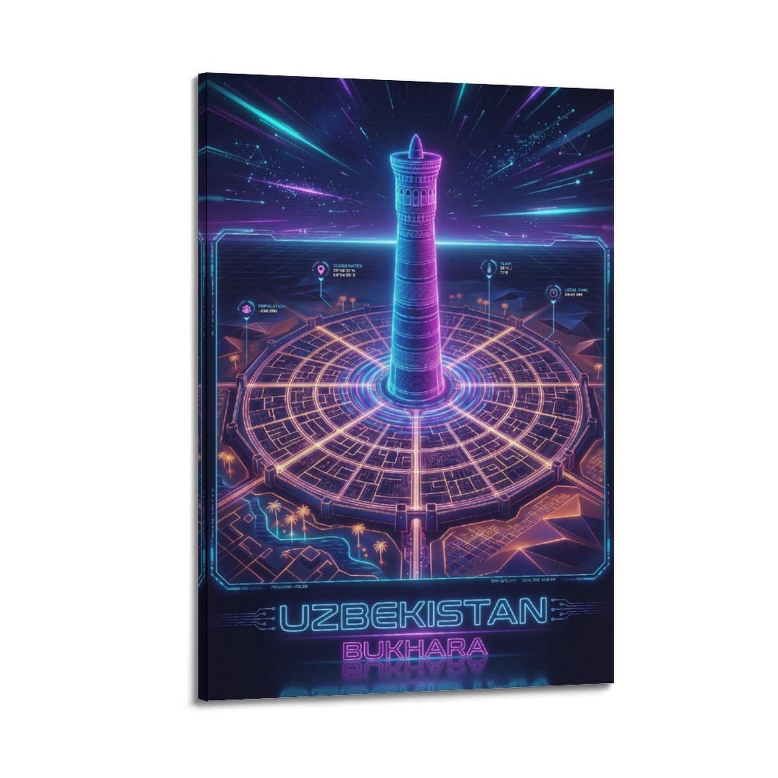 XKUGA Uzbekistan Kalyan Minaret Neon City Synthwave Map Poster Modern Decorative Canvas Prints - Ideal Wall Art for Family, Man Cave, Game Room, Boys & Girls Bedroom 24x36inch(60x90cm)