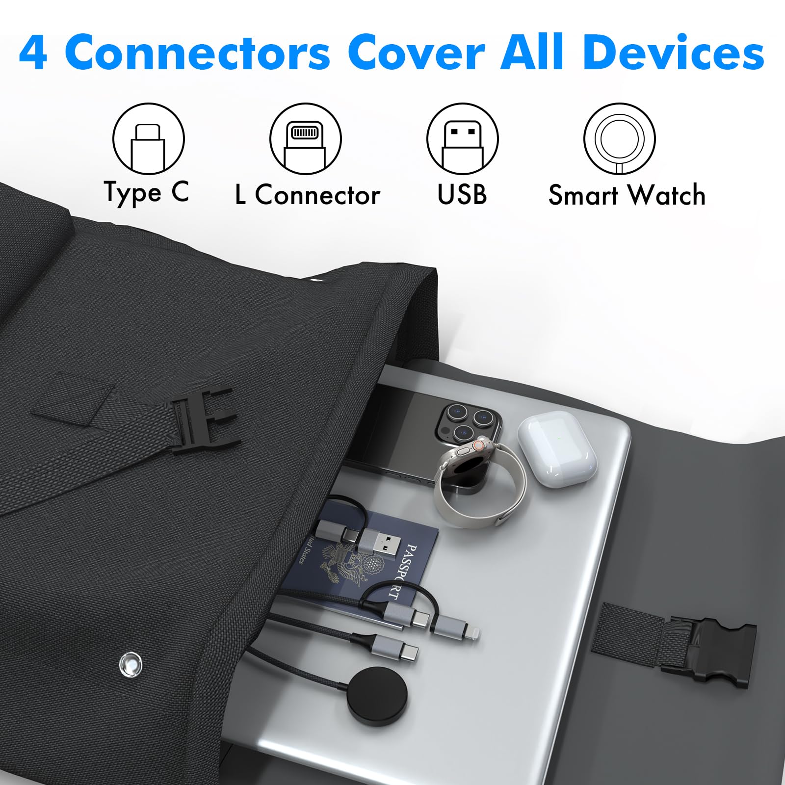 Travel Depot Câble de charge multifonction 4 en 1 pour Apple Watch, chargeur multiple universel pour tous les appareils, câble USB-C de charge rapide de 100 W compatible avec iWatch Ultra/SE/10