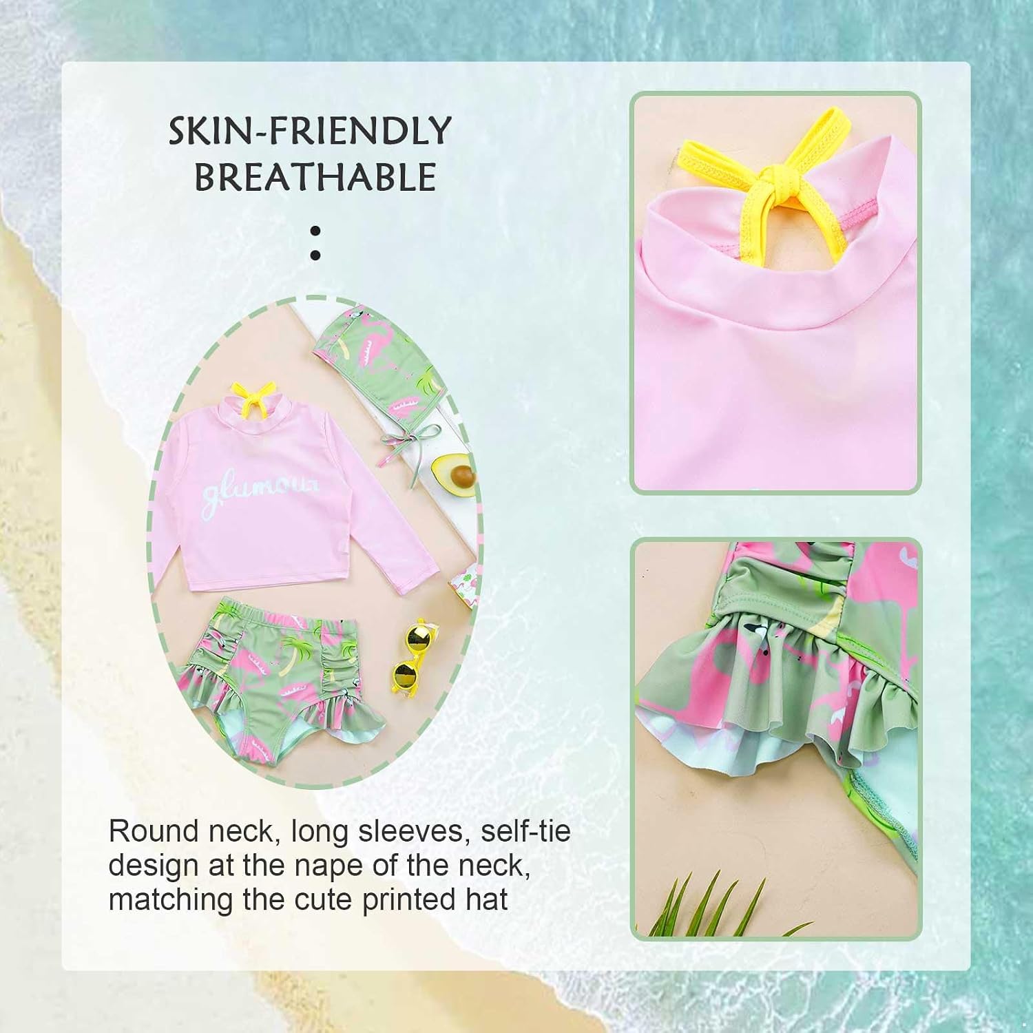 Kids Toddler Girls 3 Piece Swimsuit Set UPF 50+ UV Protection Long Sleeve Rash Guard with Hat Sunsuit