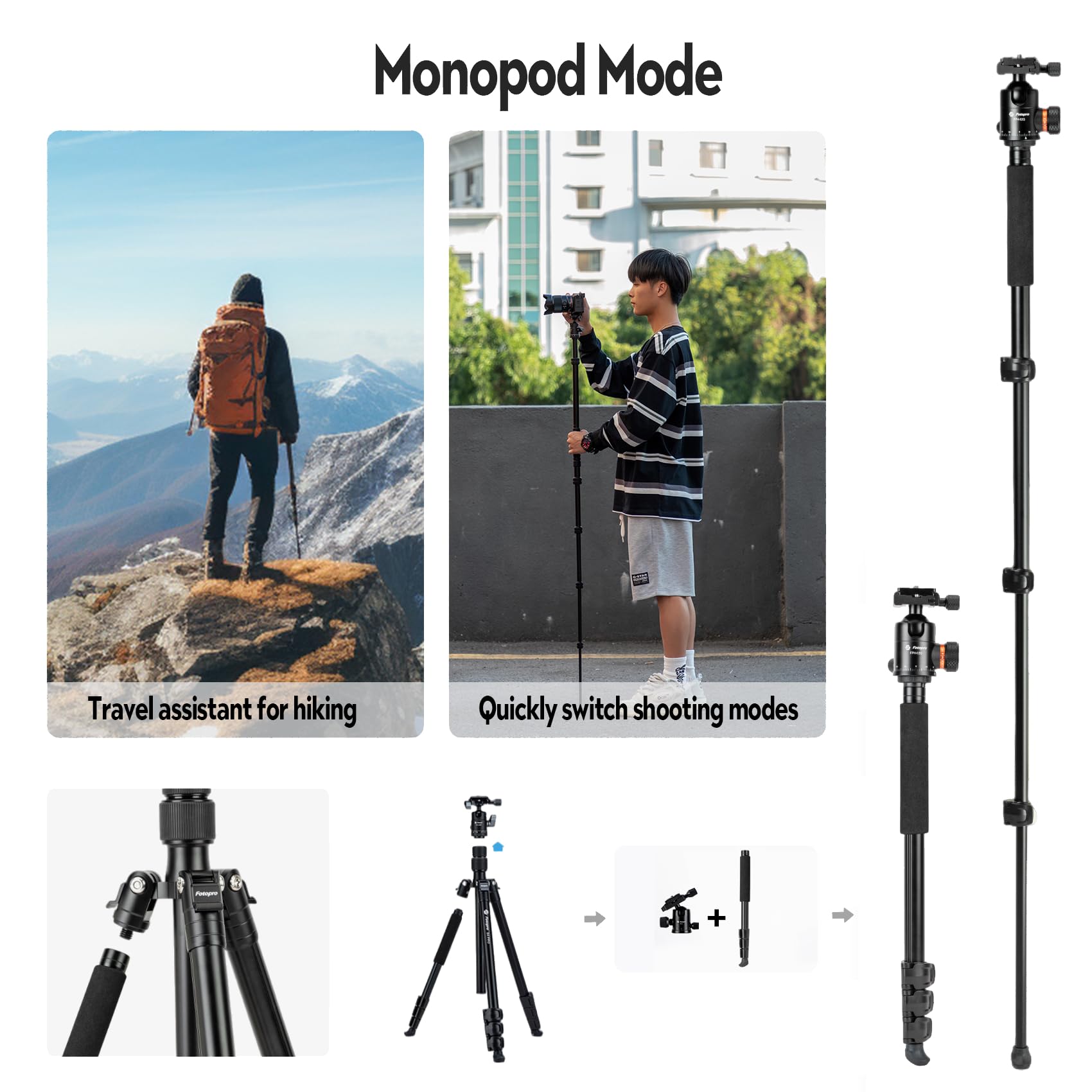 Fotopro Trípode de 168 cm/66 Pulgadas, trípode de Viaje de Aluminio y monopié con Cabezal de Fluido de 360°, trípode Profesional para cámara réflex Digital Canon Nikon Sony, Carga hasta 10 kg/22 lbs