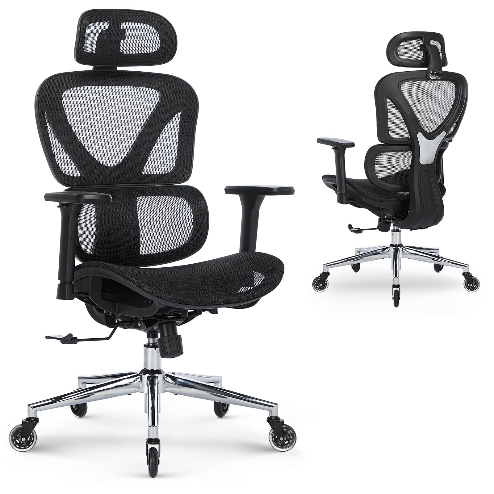 COLAMY Ergonomic Mesh Office Chair, Desk Chair with Dual Back for Adaptive Dynamic Lumbar Support, High Back Computer Chair with 2D Headrest and 3D Armrests, Mesh Seat & Silver Legs