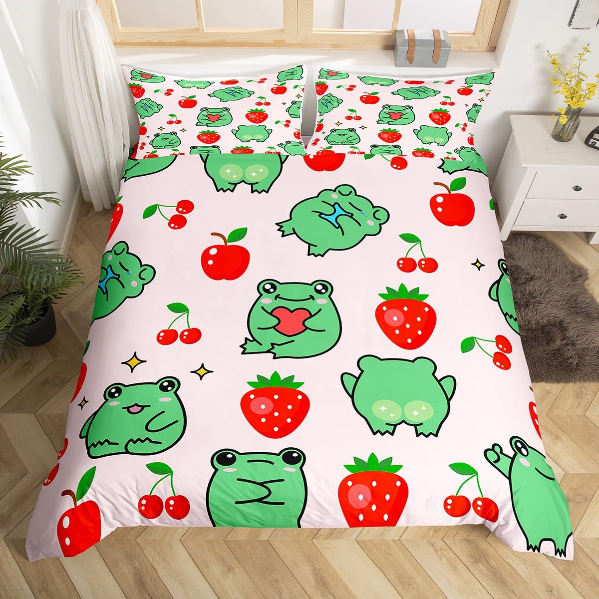 Richhome Girls Multi 13 Cartoon Frogs Kids Duvet Cover Single Size,Cute Pool Animals Frogs Bedding Set, Boys Adults Room Decor,Strawberry Cherry Fruits Comforter Cover,Colorful Kawaii Quilt Cover,1 Pillowcase