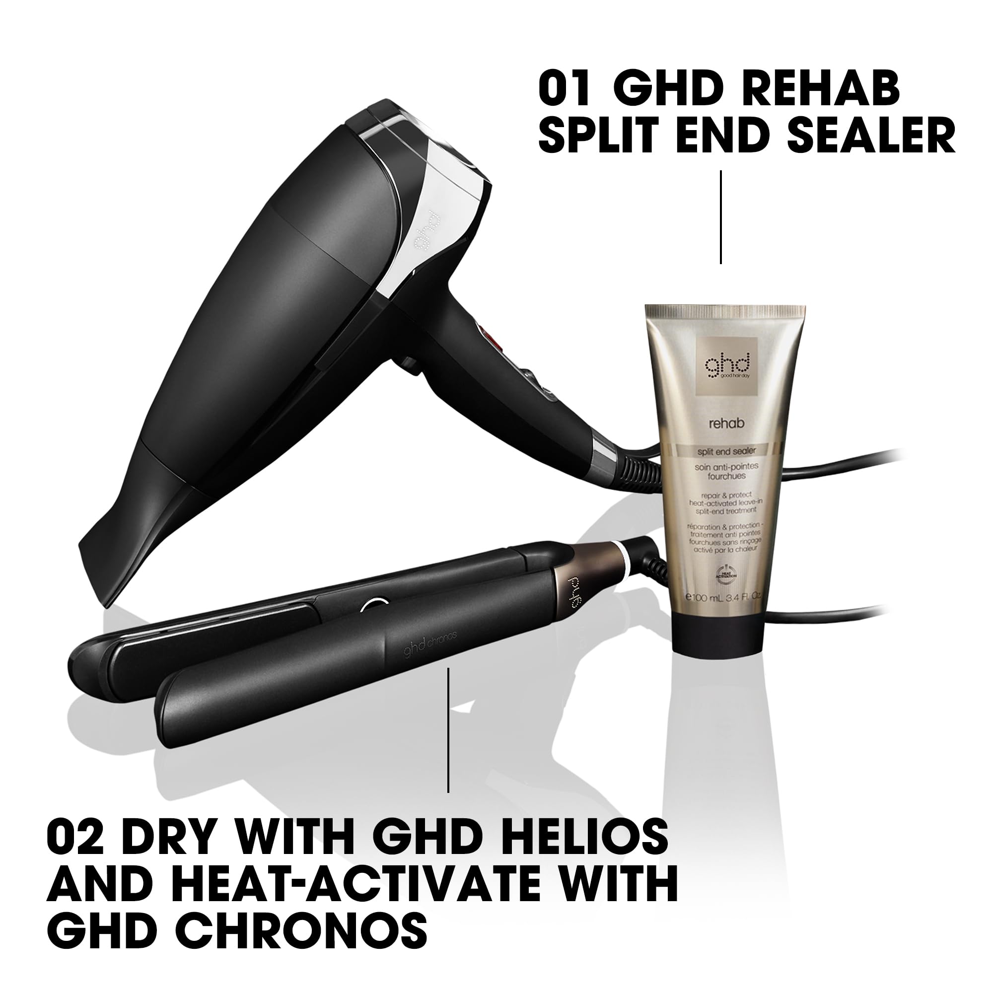 ghd - Traitement anti pointes Fourchues ghd Rehab - Crème Sans rinçage pour Cheveux fourchus - Nourrit les longueurs - S'applique sur cheveux mouillés, s'active avec la chaleur d'un outil - 95 ml