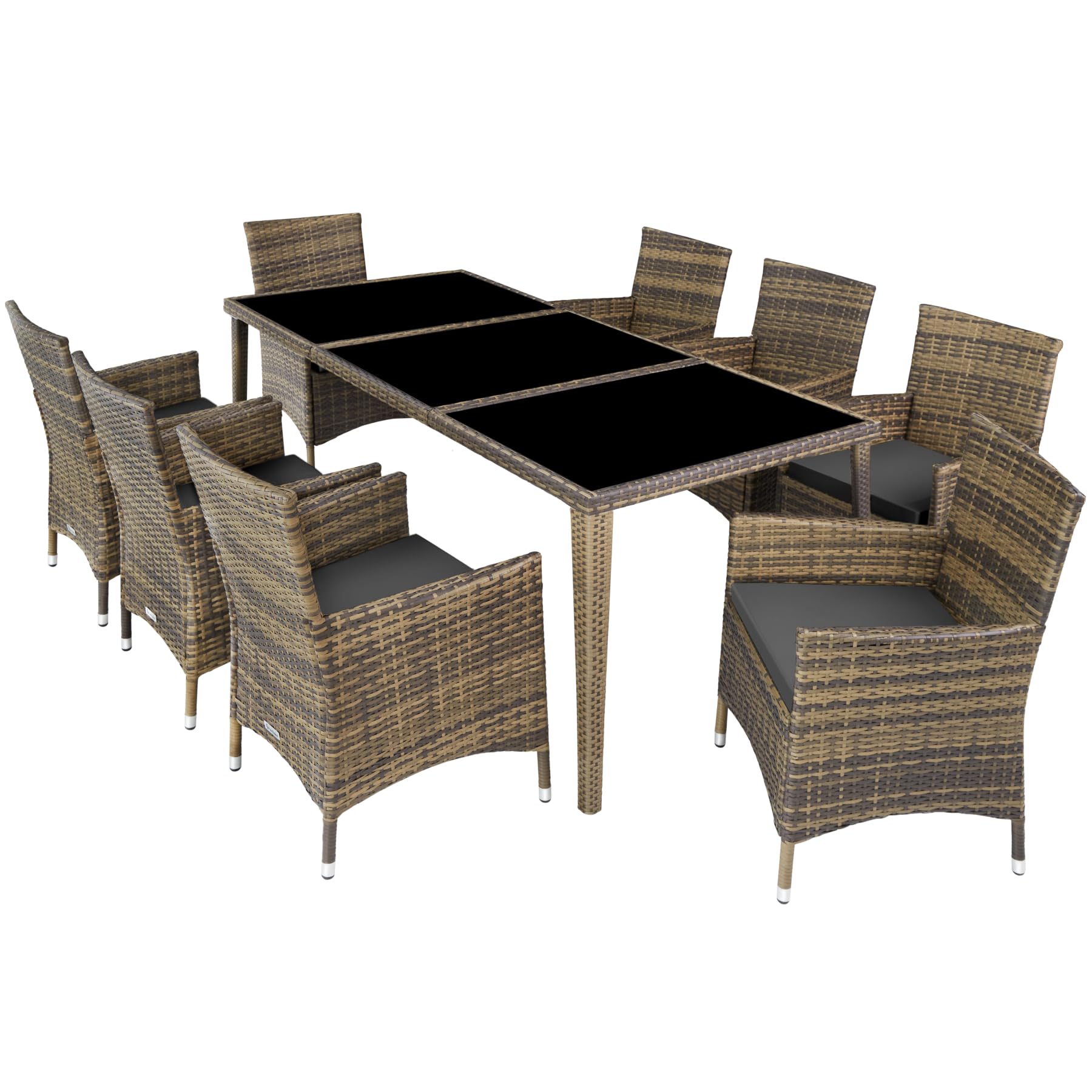 TecTake® Outdoor Garden Set of Rattan and Aluminium, Weatherproof Outdoor Garden Furniture, 8 Chairs with Cushions, 1 Table with Glass, 2 Sets of Covers and Protective Cover - Natural