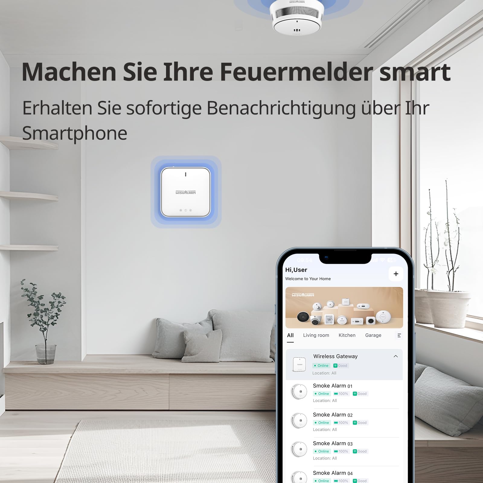 Wisualarm Rauchmelder Vernetzt mit Basisstation (10er Set + 1 Gateway + 10 Magnetpads), Intelligenter Feuermelder mit App für Haus & Büro, 10-Jahres-Batterie, DIN EN 14604 Zertifiziert