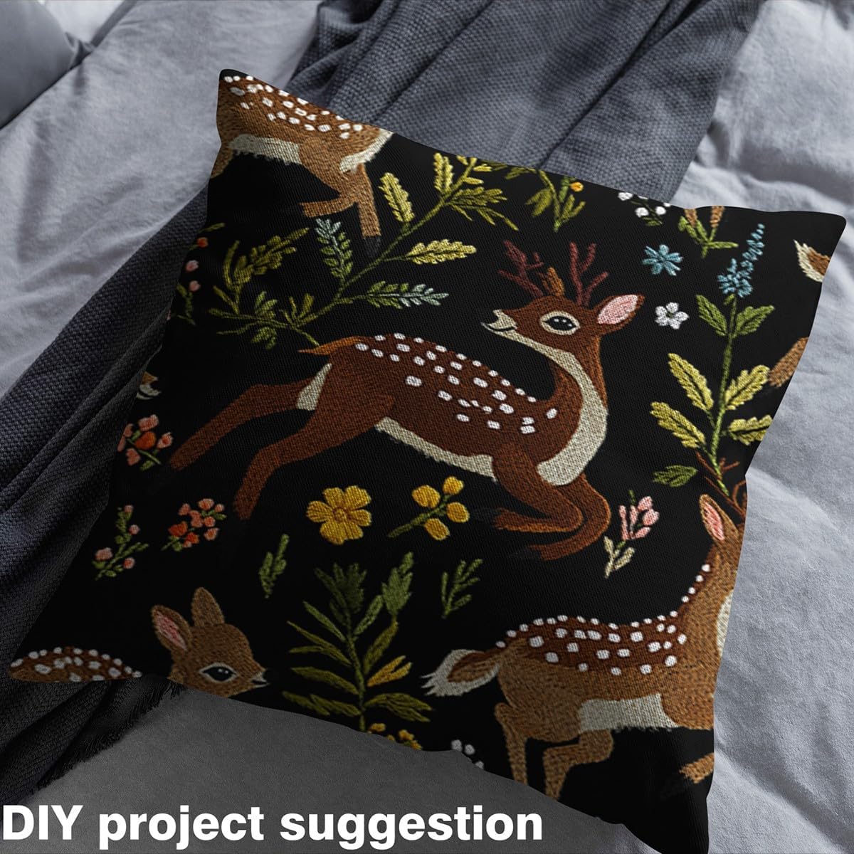 Cute Deer Fabric by The Yard Lovely Cartoon Wild Animal Decor Fabric for Kids Sewing Lovers Colorful Flowers Rustic Jungle Style Fabric for Clothing Sewing and Home Accents 3 Yards,108" L x 59" W