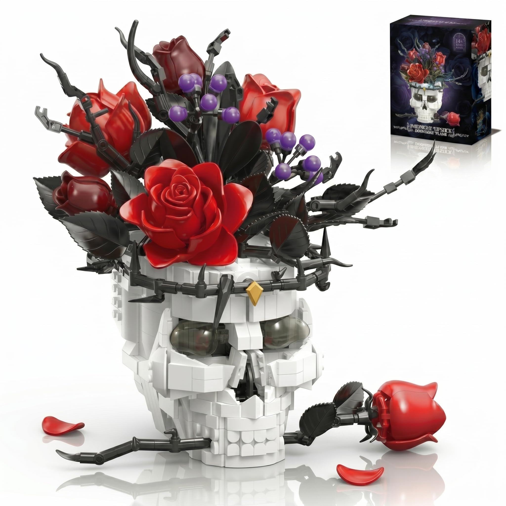 Kit de Construction Crâne Gothique avec Rose – Décoration Esthétique pour Adultes, Centre de Table Style Dark Academia, Compatible avec Fleurs Lego & Sets Horreur, Cadeau Halloween & Saint-Valentin
