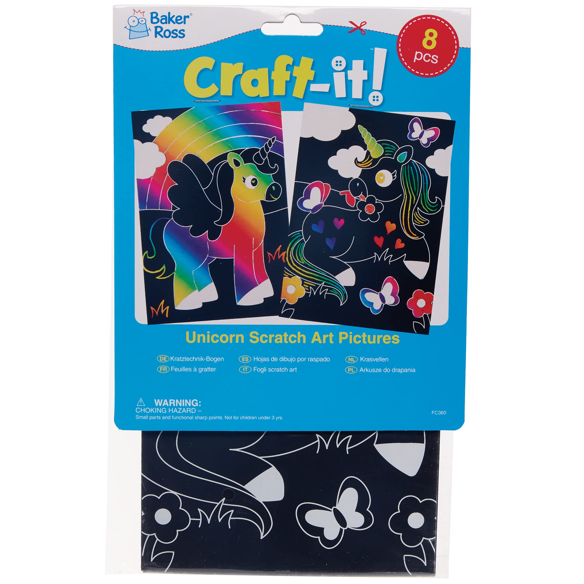 Baker Ross Imágenes De Unicornio Para Rascar – Pack De 8 Hojas De Arte Con Herramientas Incluidas, Ideal Para Niños De 3+ Años