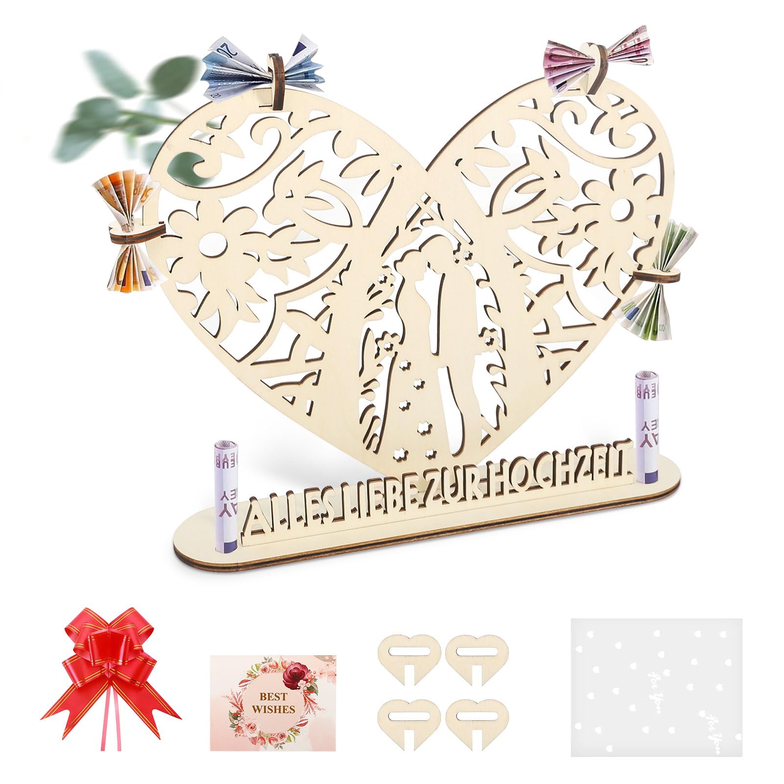 LAUMOE Hochzeits Geldgeschenk Box - Holz Mit Acryl Fenster & Trockenblumen