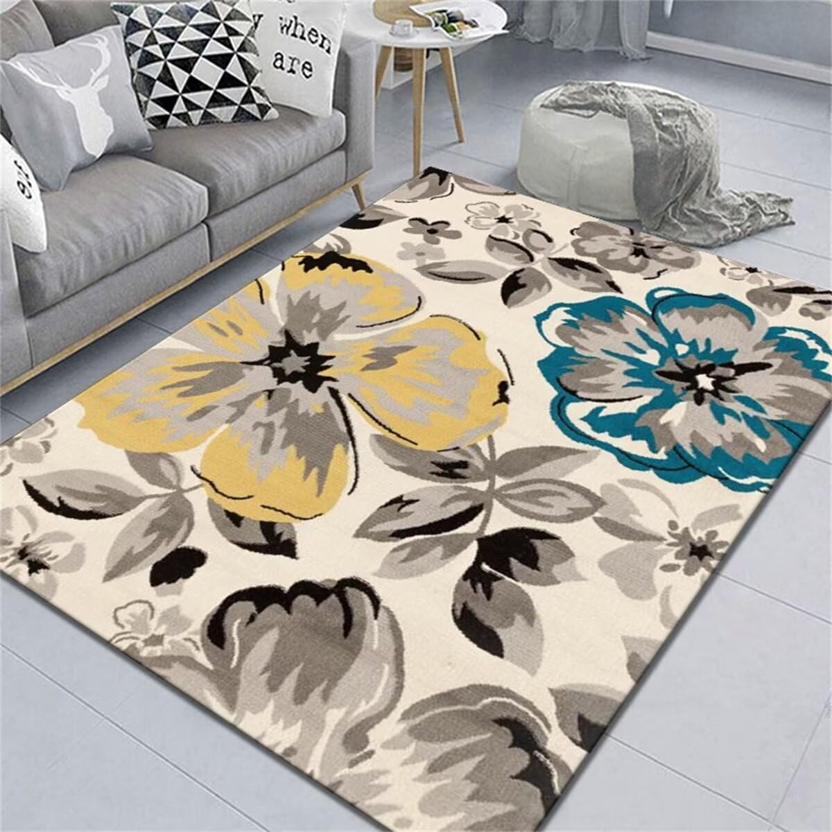 Tapis naturel chambre fille anti-poussière grand tapis de salon à fleurs