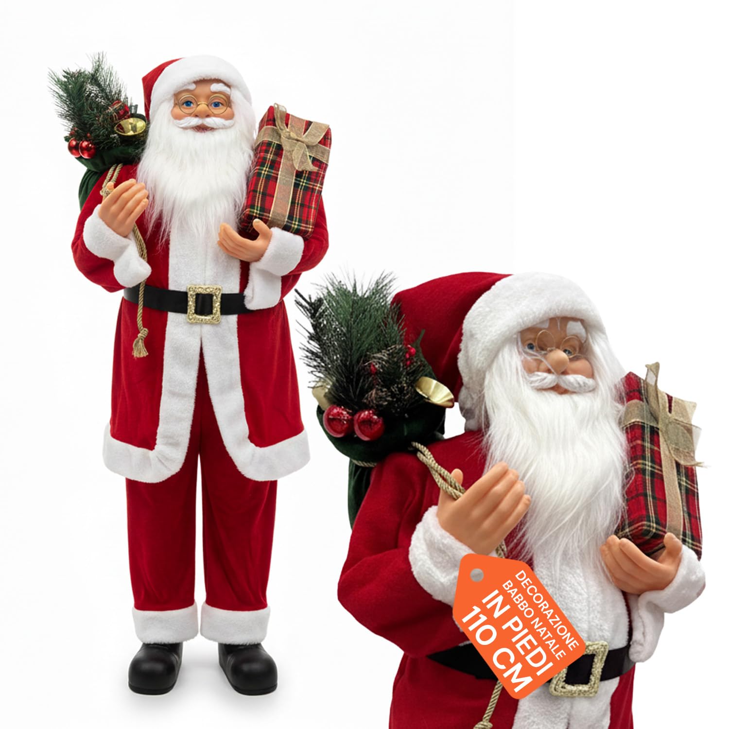 Avilia - Decorazioni Natalizie Babbo Natale in Piedi 60/110/120 cm con Abito Rosso Tradizionale e Dettagli Realistici, Pronto all’Uso per Addobbare Casa e Creare Magia Festiva (110 cm)