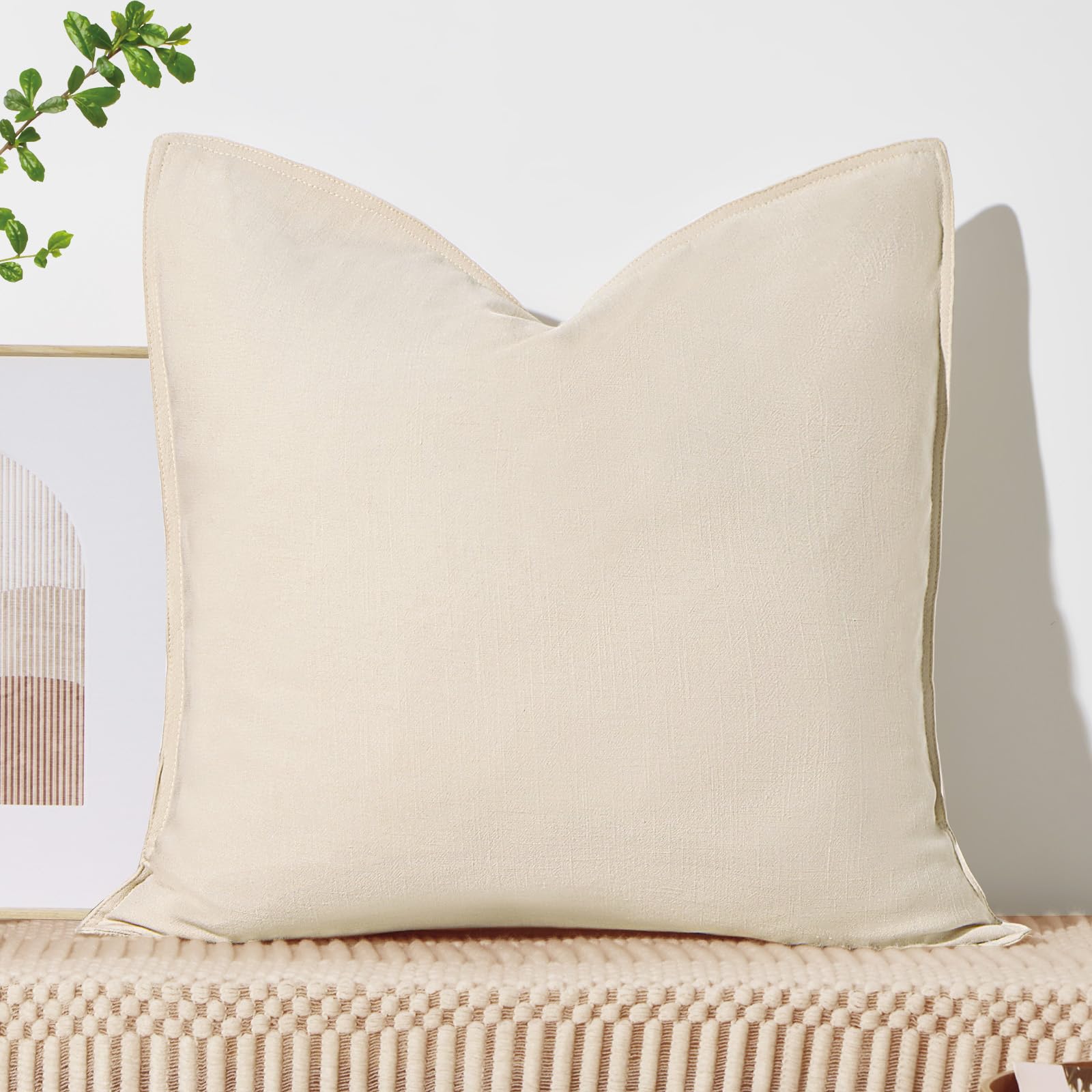 Housse de coussin en lin beige 66x66 cm avec bordure rétro rustique chic
