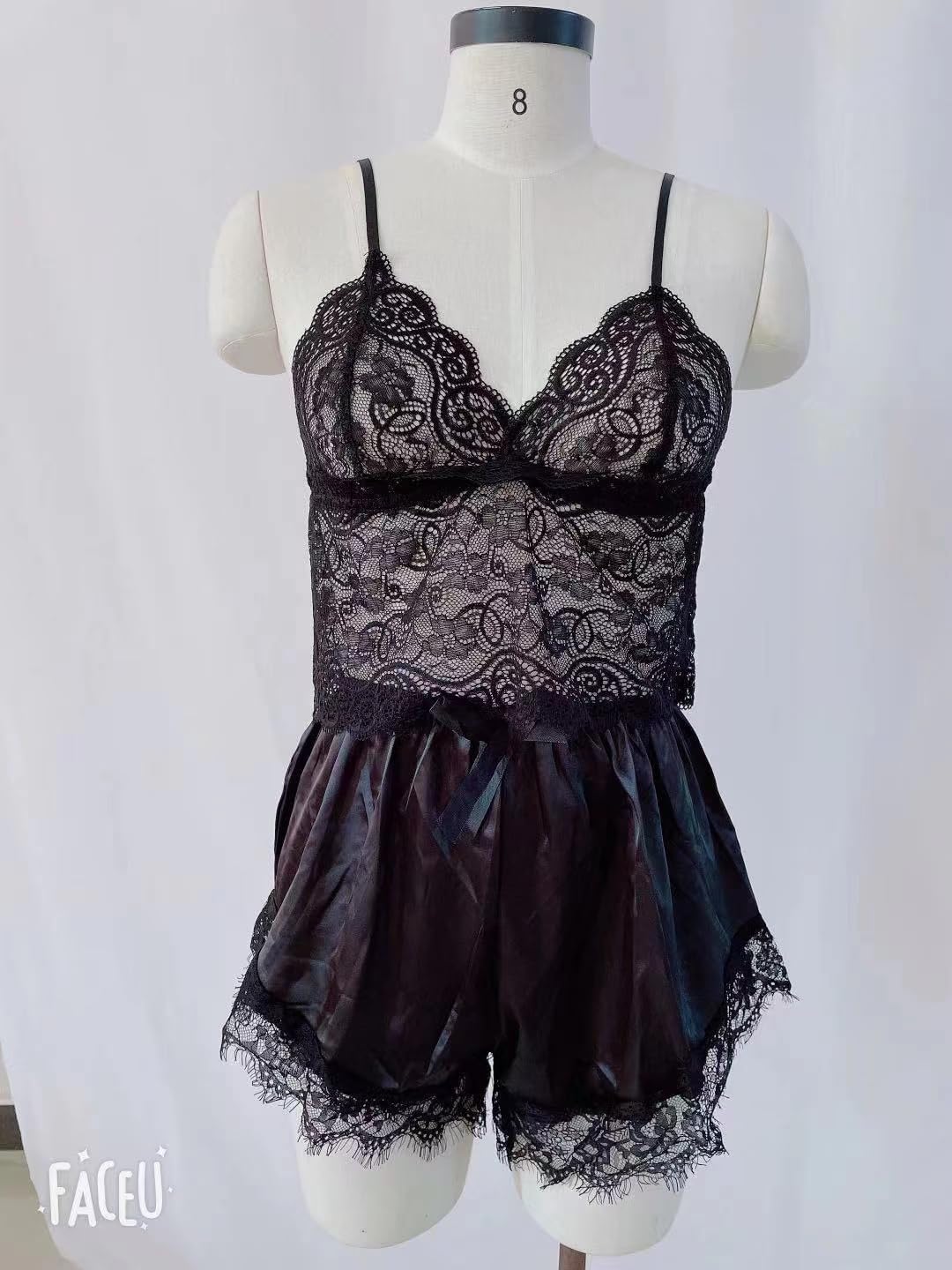 Womens Silk Pajamas Robes Set 4PACKS Sexy Pjs Cami Shorts Satin Sleepwear Lace Loungewear (US, Alpha, Small, Regular, Regular, Black) - Image 6