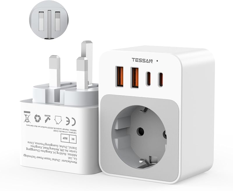 TESSAN 5 az 1-ben utazó adapter összecsukható angol-német típusú aljzat 2 USB-C és 2 USB-A porttal