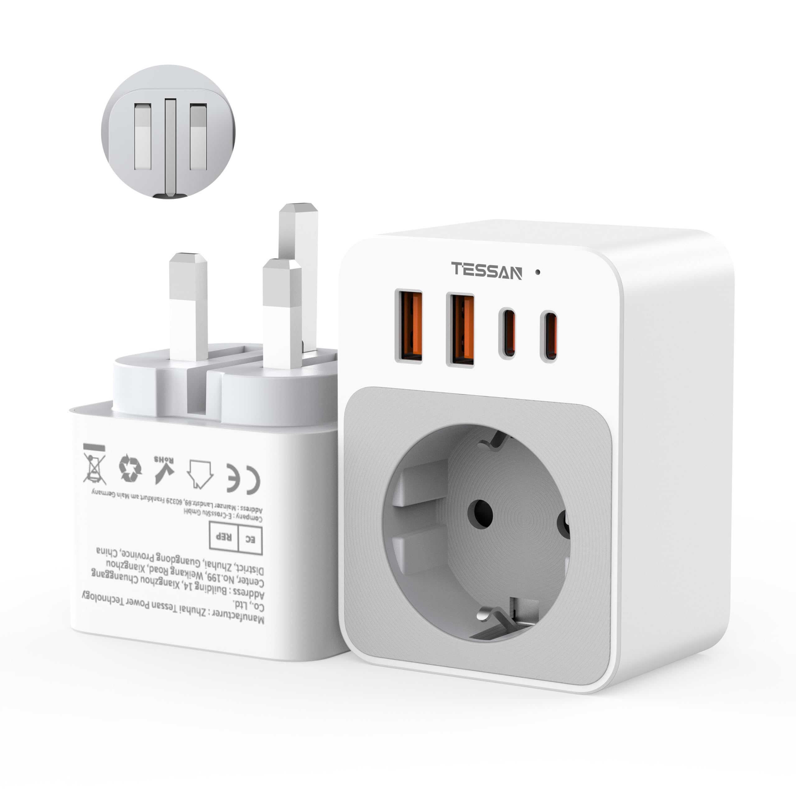 Adaptateur Prise UK Vers France Hoppac - 5 En 1 Avec Ports USB - Pour Voyage Type G