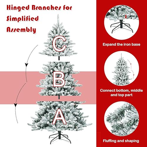 Miniatura 4 de Goplus Árbol de Navidad artificial flocado de nieve de 7 pies, abeto con bisagras de alta calidad con conos de pino, decoración navideña perfecta