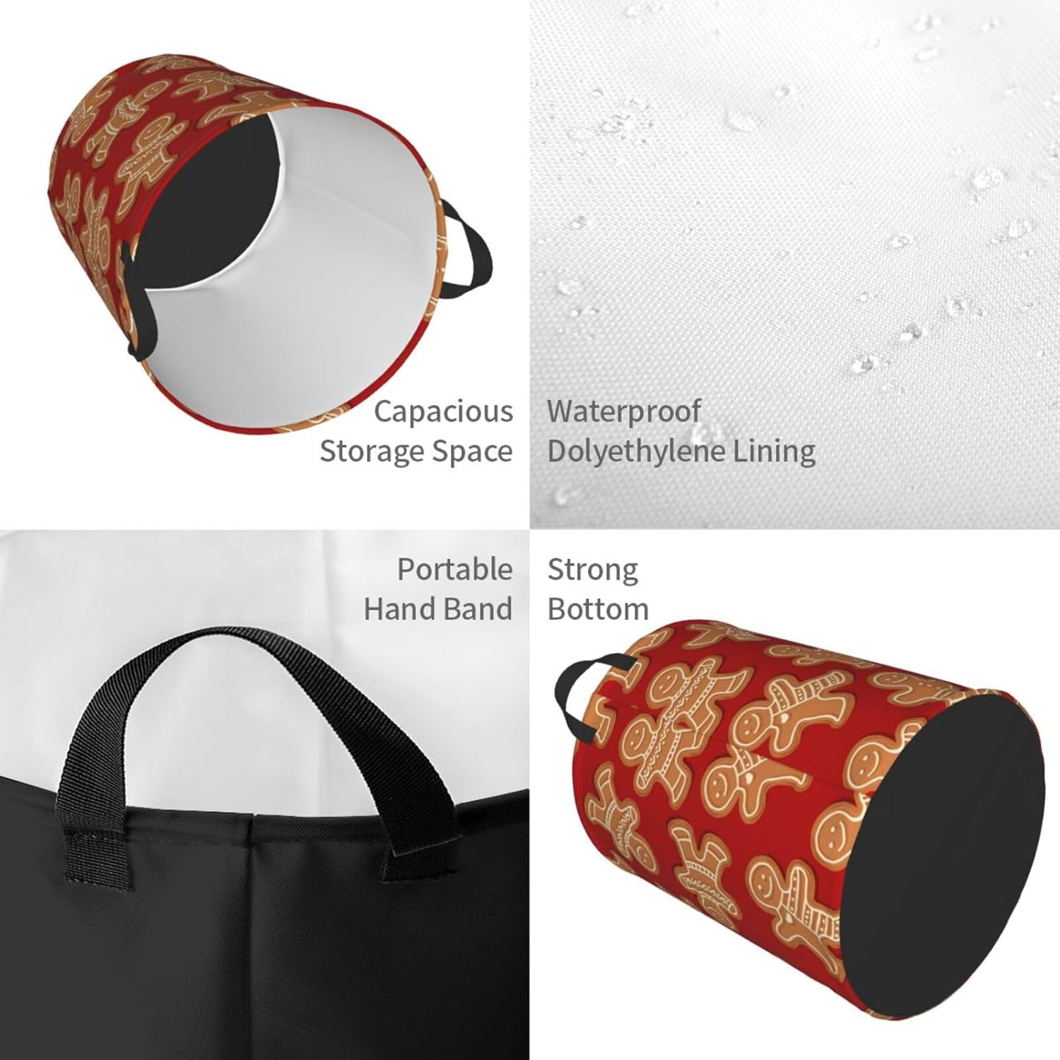 Gingerbread Men Red Christmas Laundry Hamper with Durable Handle Waterproof Collapsible Laundry Basket Round Dirty Clothes Storage Basket for Family Bathroom Bedroom Dorm
