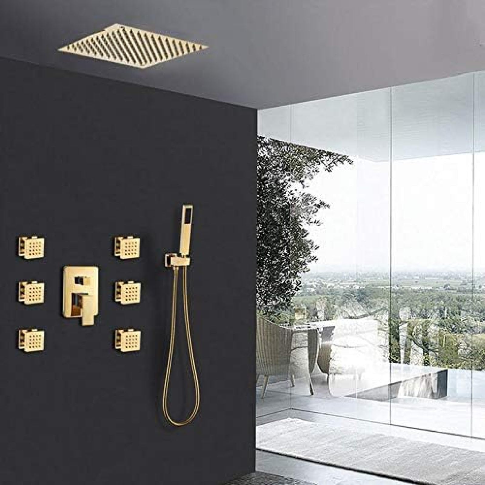 Golden Shower Set di rubinetti da 8 Pollici Soffione Doccia Ultrasottile in Oro 6 Pezzi Massaggio Spa Jets Doccia Miscelatore a 3 Vie Rubinetto per Vasca da Bagno Kit Doccia in Oro