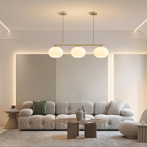 Miniatura 8 de KCO Iluminación de oro 3 luces globo colgante iluminación mediados de siglo moderno cristal blanco comedor lámpara colgante latón oro isla colgante