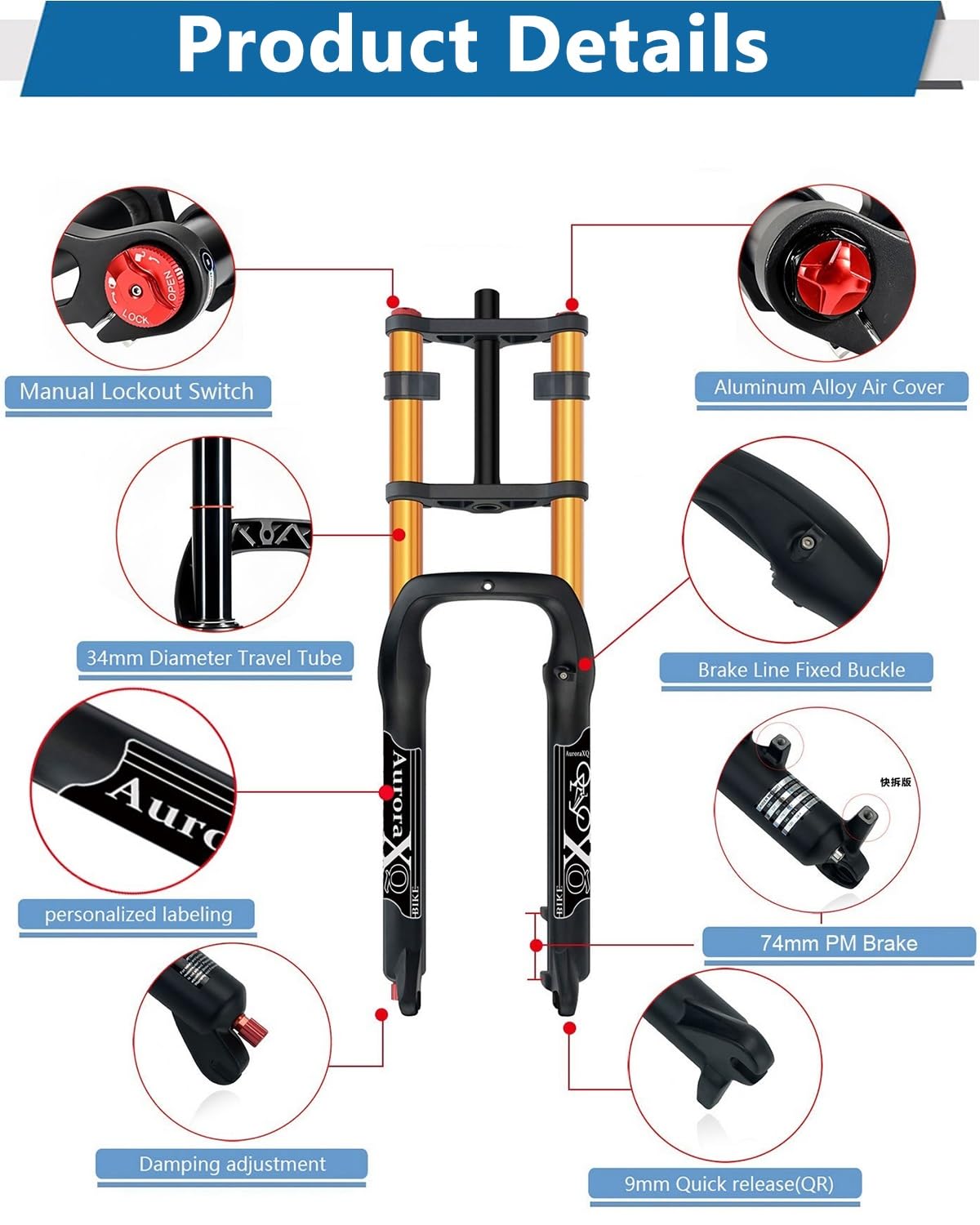 AuroraXQ Amortyzator Rowerowy Powietrzny 190mm Skok | Widełki Fat Tire 26x4.0 | Podwójna Korona | do E-Bike, MTB, Rowerów Śniegowych I Plażowych(Złoto,26 cali)
