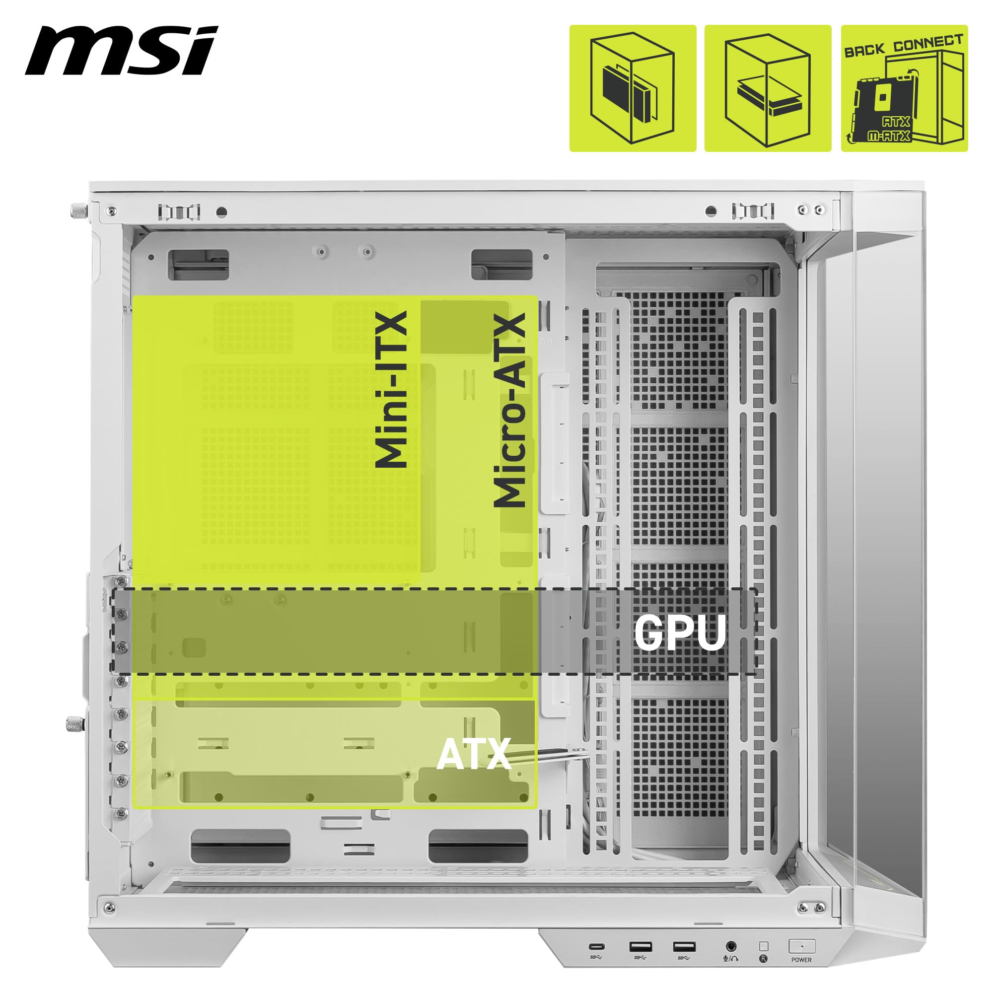 MSI MAG PANO 100L PZ WHITE ATX PC Case - Capacità ATX, staffa di installazione GPU Verical, supporto GPU, filtri antipolvere, staffa di archiviazione oscillante, doppia camera, USB 20Gbps Type-C