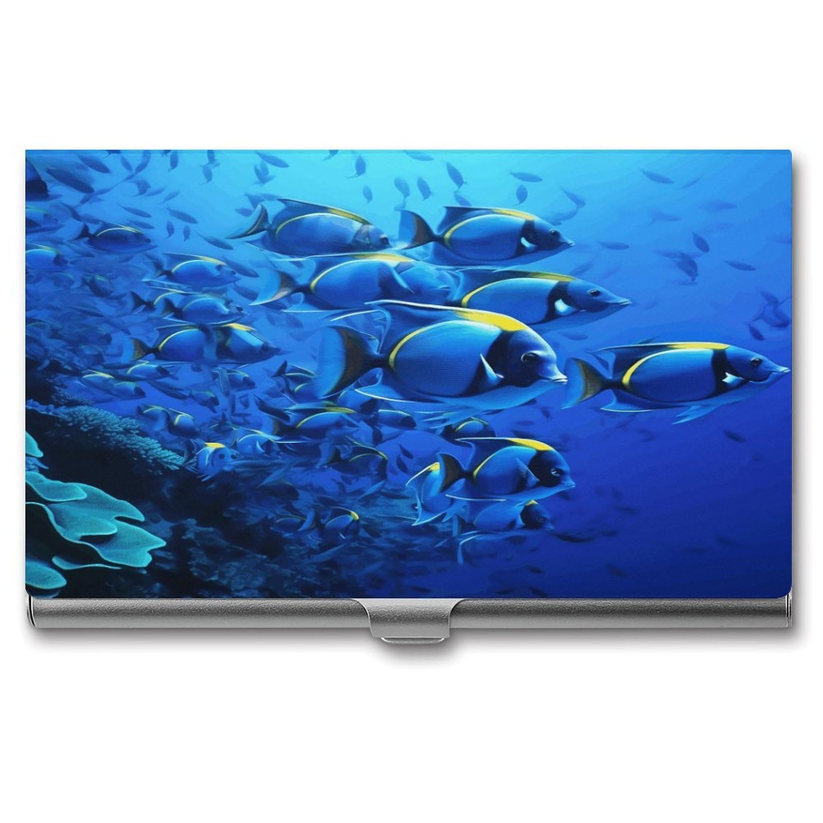 JTREHY Blue Fishes Ocean Business Card Holder Slim Purse Name Card Holder Portable Metal Business Card Case Wallet Large Capacity Lightweight Business Card Case for Men Women