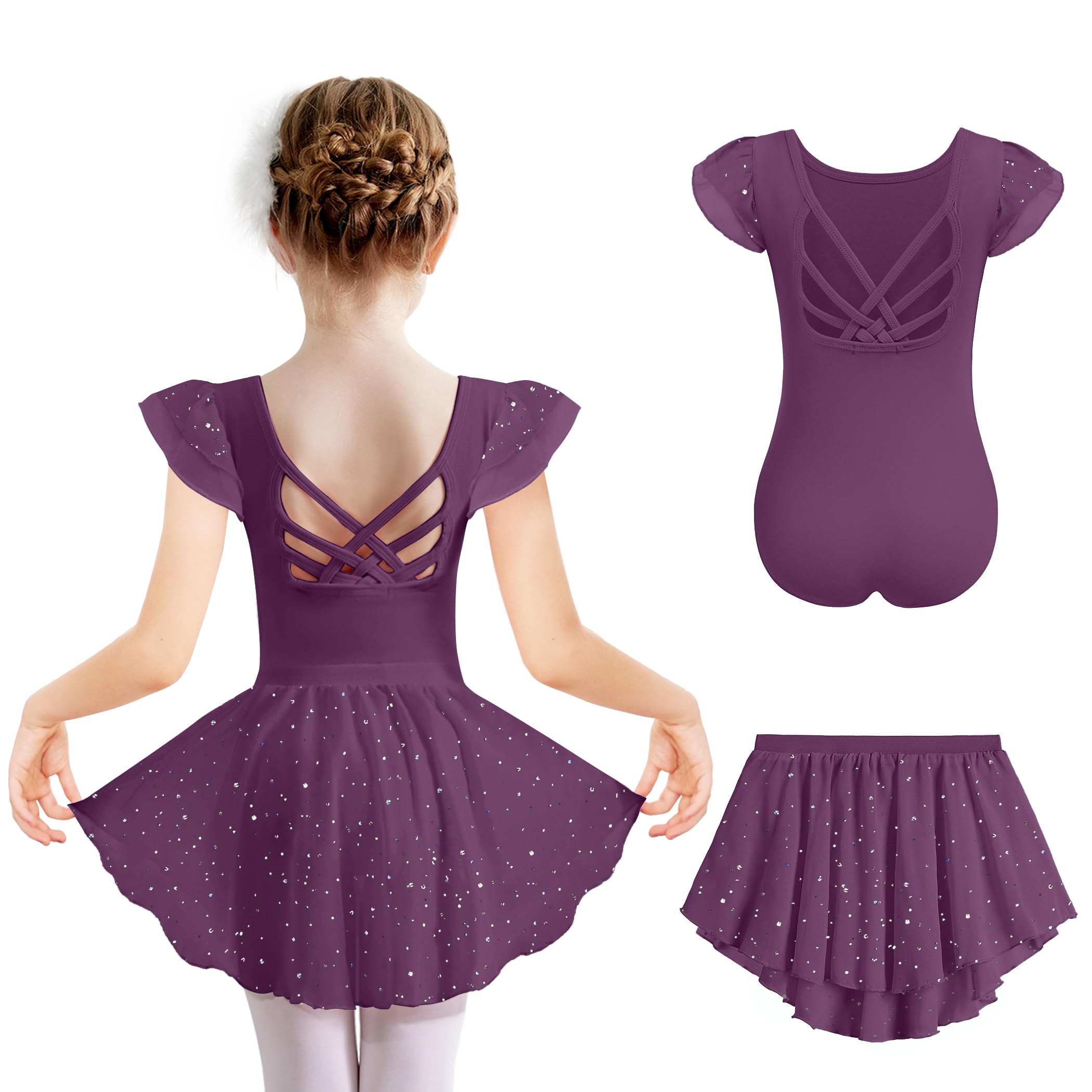 Arshiner Mädchen Ballettkleid Kurzarm Ballettkleidung Baumwolle Rückenfrei Balletttrikot Kinder Tanzkleid Sommer Glitzer Ballettanzug Zweiteilig Tanzbody mit Tütü 2-11 Jahre