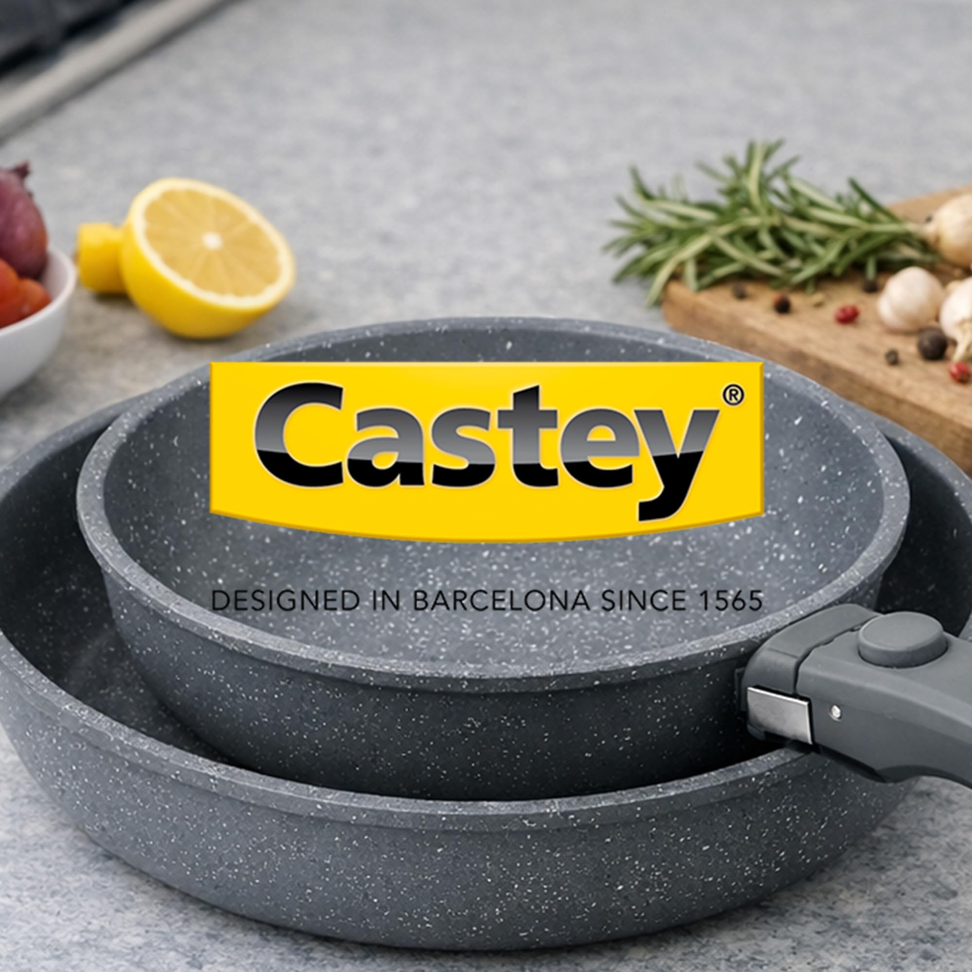 CASTEY - Easy Pan Duo, Set de Sartenes con Mango Desmontable, Aluminio, Doble Recubrimiento Antiadherente, Apto para Horno y Todas las Cocinas, Fácil Limpieza, Gris