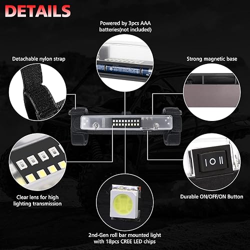 Miniatura 3 de 2 luces interiores UTV, luz LED de cúpula universal, montaje en barra enrollable, luz LED interior, luz de jaula para UTV Polaris RZR Can Am Pioneer