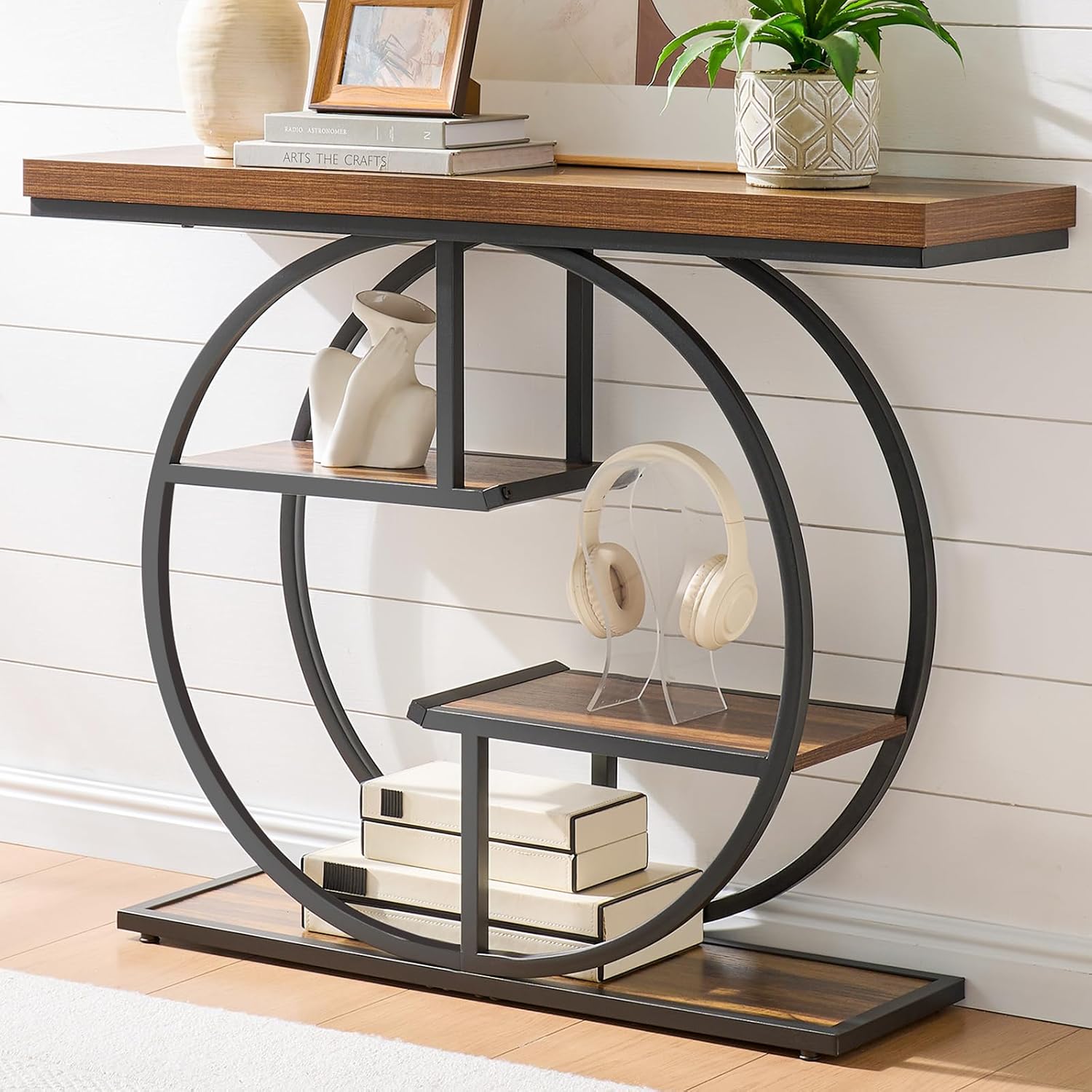 Susalt 41.3" Sofa Table, Industrial 4-Tier Entryway Table with Circle Base and 1.7" Thickened Top, Narrow Console Table with Storage for Living Room, Hallway, Foyer, Rustic Brown