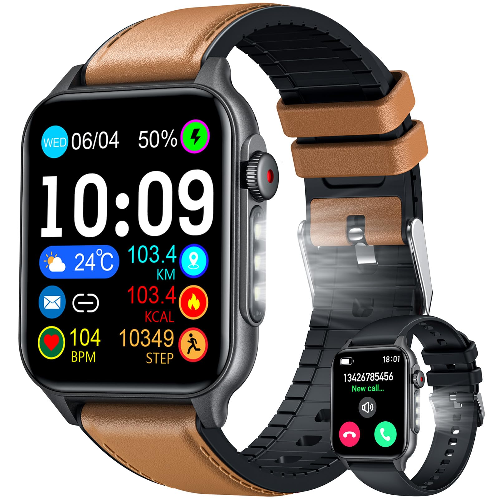 Reloj Inteligente Hombre Smartwatch Llamadas - 1.96" Smart Watch con Pulsometro Presion Arterial Fitness Pasos Running Impermeable Linterna Pulsera Actividad Reloj Deportivo Hombre para Android iOS