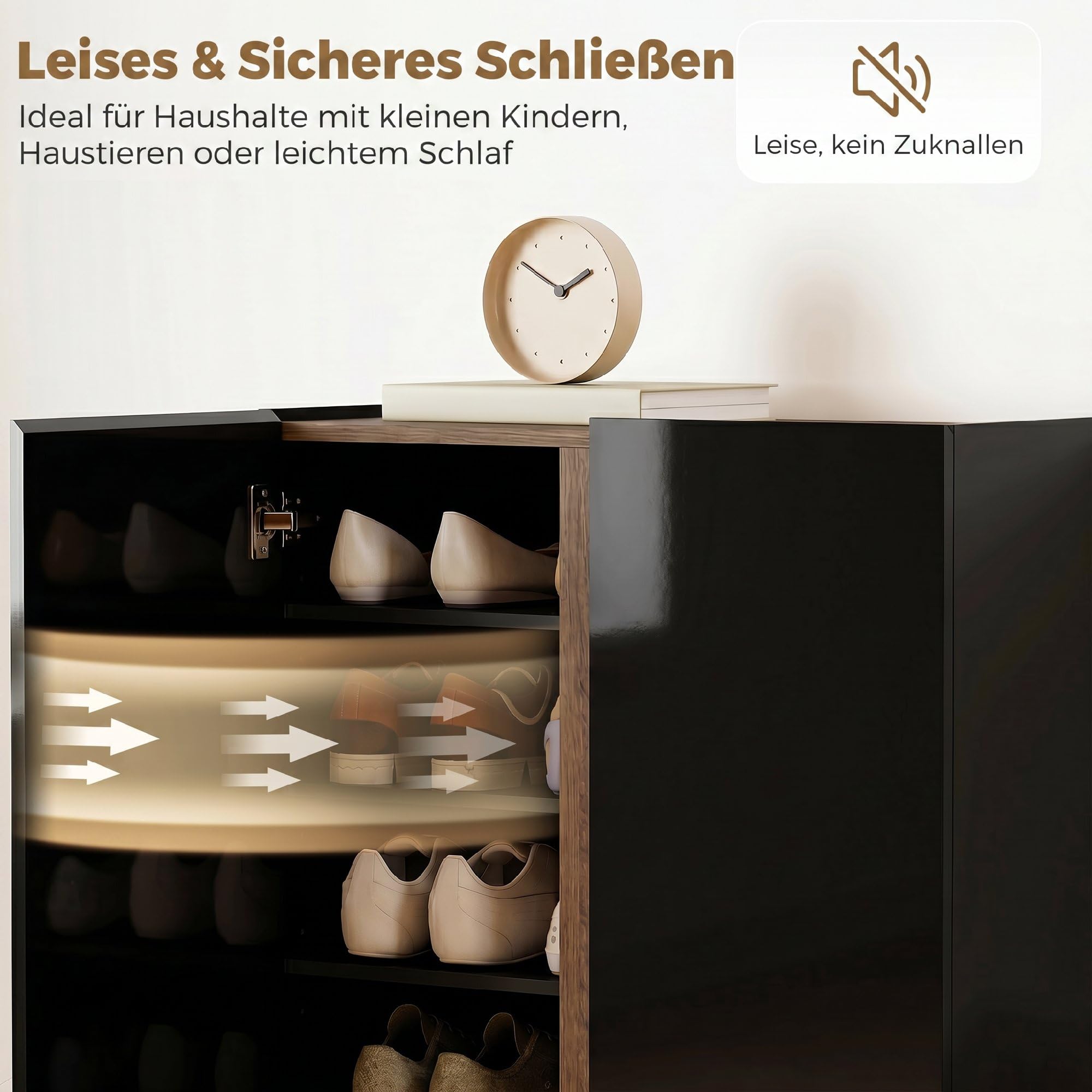 HOMCOM Schuhschrank mit 2 Hochglanz Türen Schuhregal Schuhkommode mit 6 Verstellbaren Fächern Schuhaufbewahrung mit Soft-Close-Funktion für 18 Paar Schuhe 70 x 33,5 x 95 cm, Schwarz