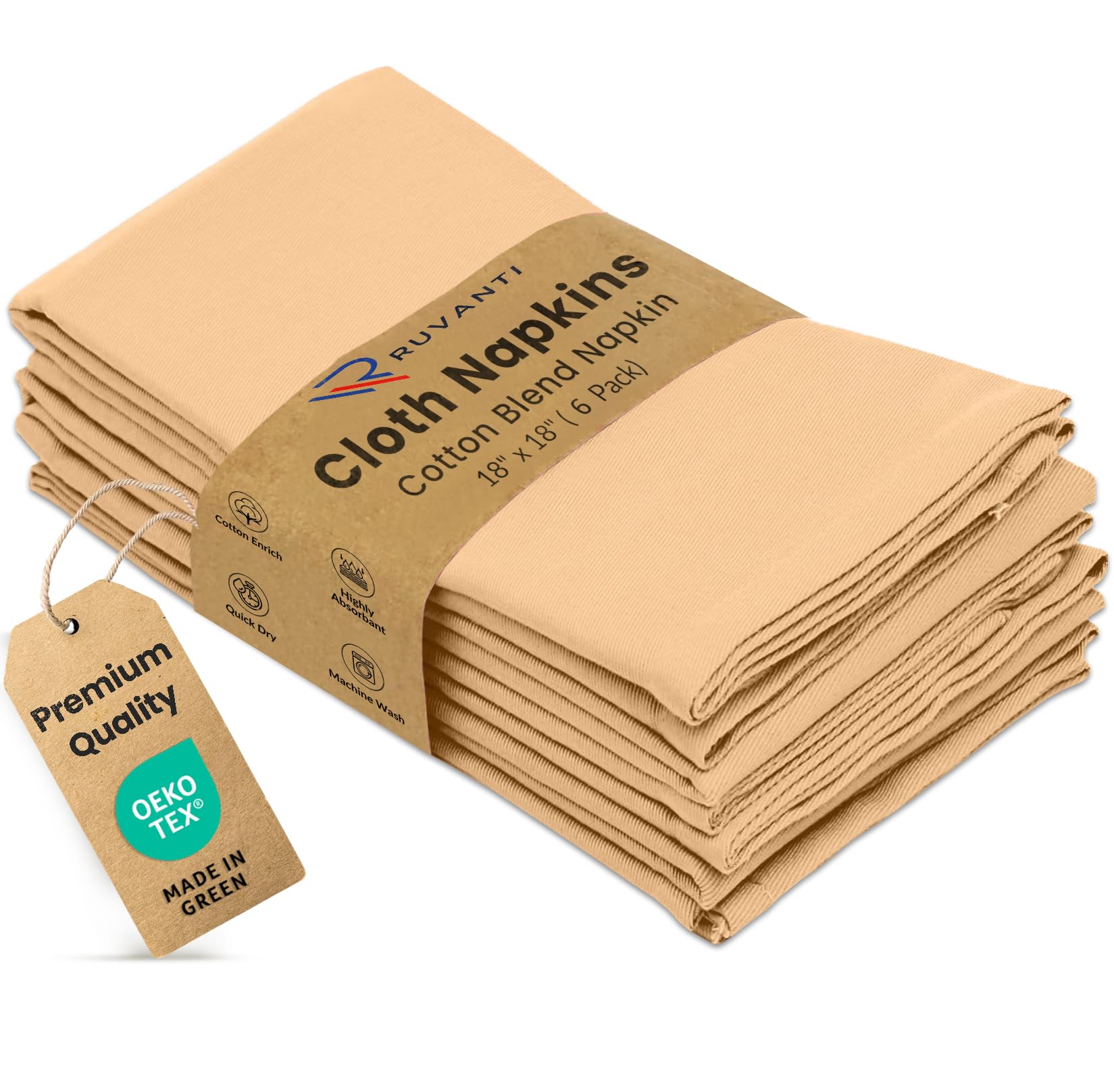 Ruvanti Cloth Napkins Set of 6, Cotton Enrich 18”x18” - Ivory Gold