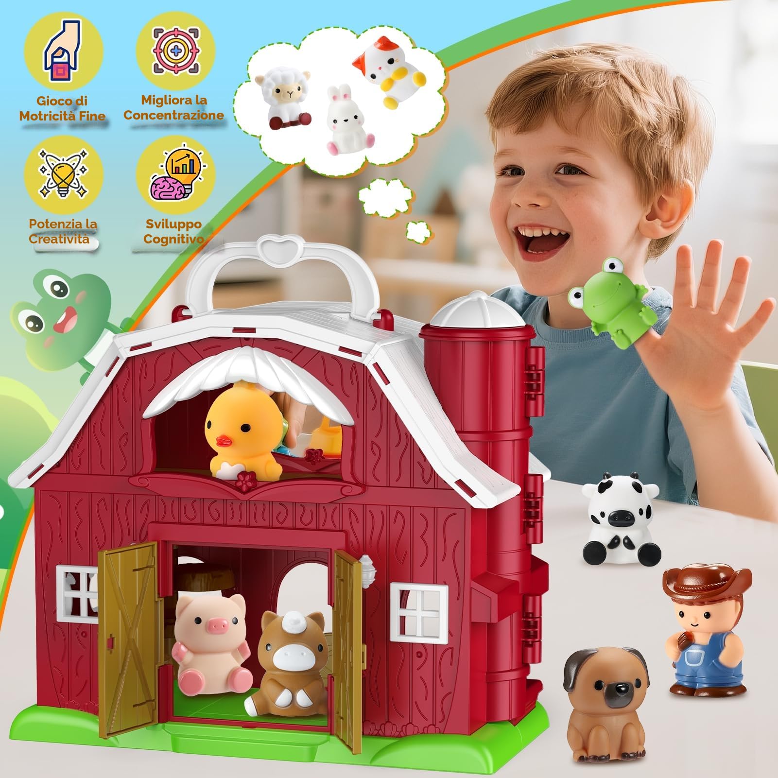 HappyKidsClub Giochi Fattoria Montessori per Bambini 1-4 Anni, Set Fienile Apribile con 9 Animali & Contadino - Giocattoli Educativo Portatile per Bambino - Idea Regalo Bambini 1 2 3 4 anni (Cartoon)