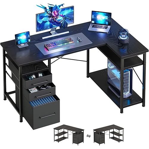 47" Computer Desk with Drawers, Desks for Bedrooms, Writing Desk with Storage, Work Desk for Small Space, Black