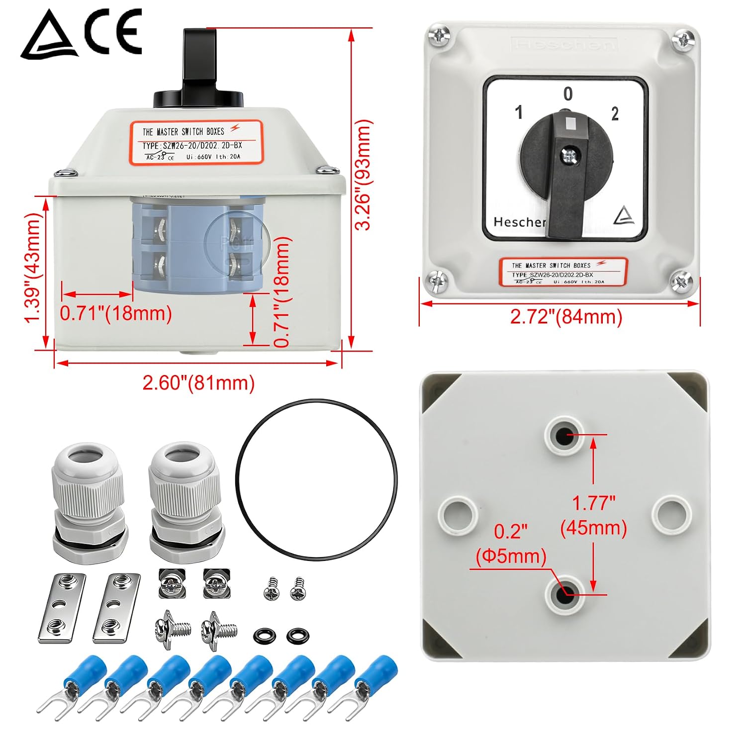 Heschen Universal Rotary Cam Selector Changeover Switch, SZW26-20/D202.2D, 660V 20A, ON-Off-ON, 3 Position 2 Phase 8 Terminals, with Master Switch Exterior Box (Bigger Box)