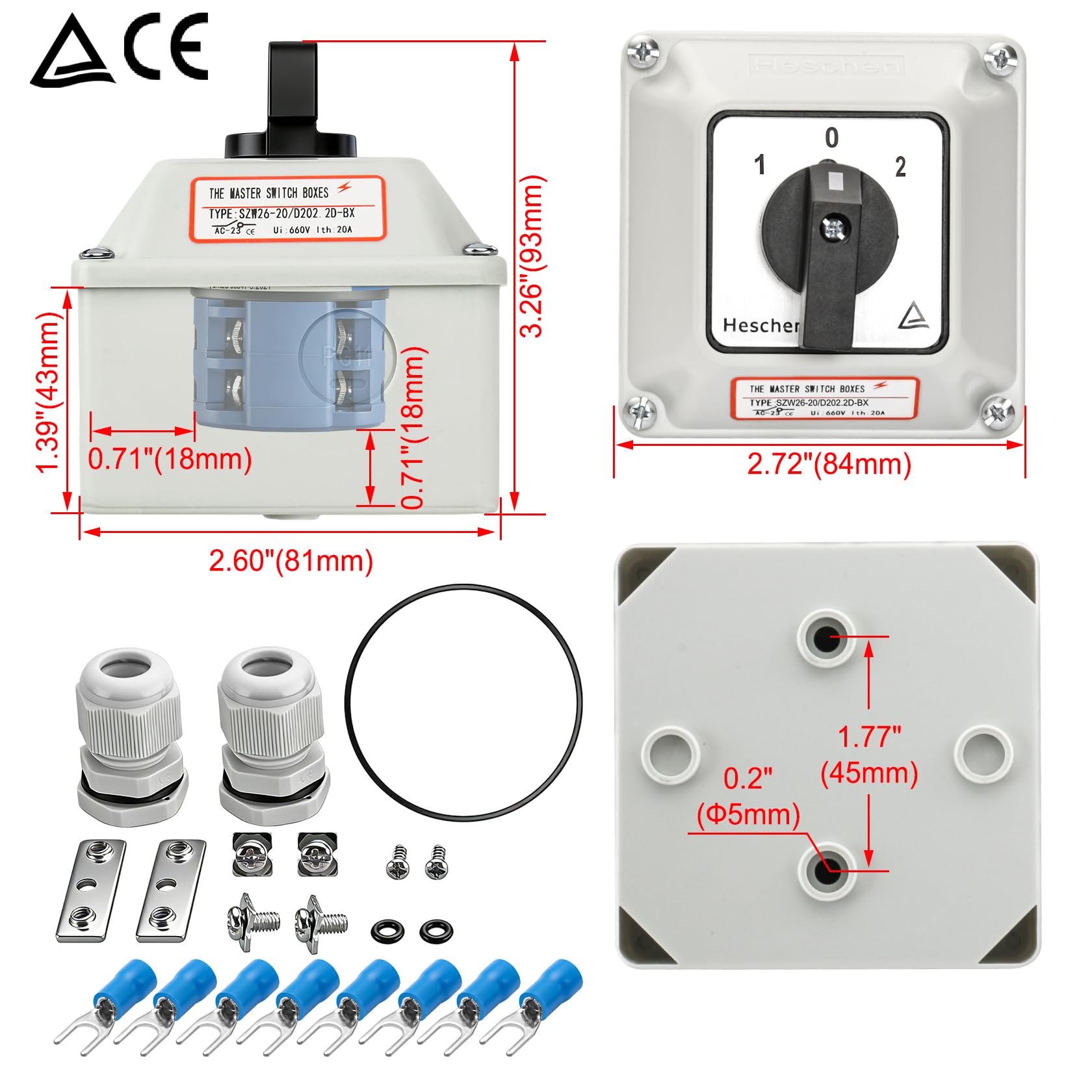 Heschen Universal-Drehschalter, SZW26-20/D202.2D, 660V 20A, ON-OFF-ON 3 Positionen, 2 Phasen, 8 Klemmen, mit Hauptschalter-Außenbox (Größere Box)