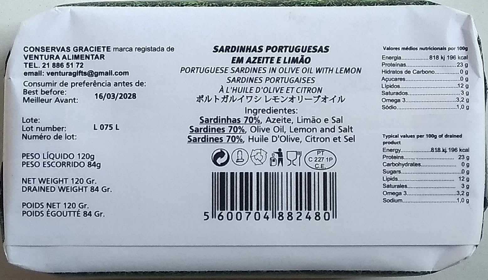 Conservas GRACIETE - Ganze Gourmet-Sardine in Extra-Olivenöl und Zitrone - 5er Pack (5 x 120 gr)